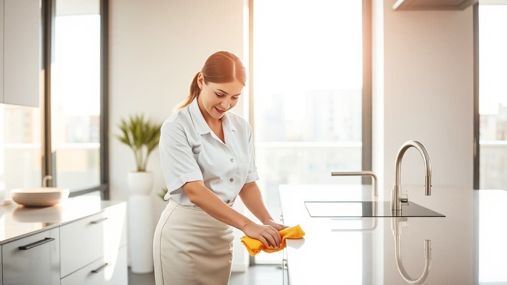 Professional housekeeper cleaning a modern Melbourne home interior